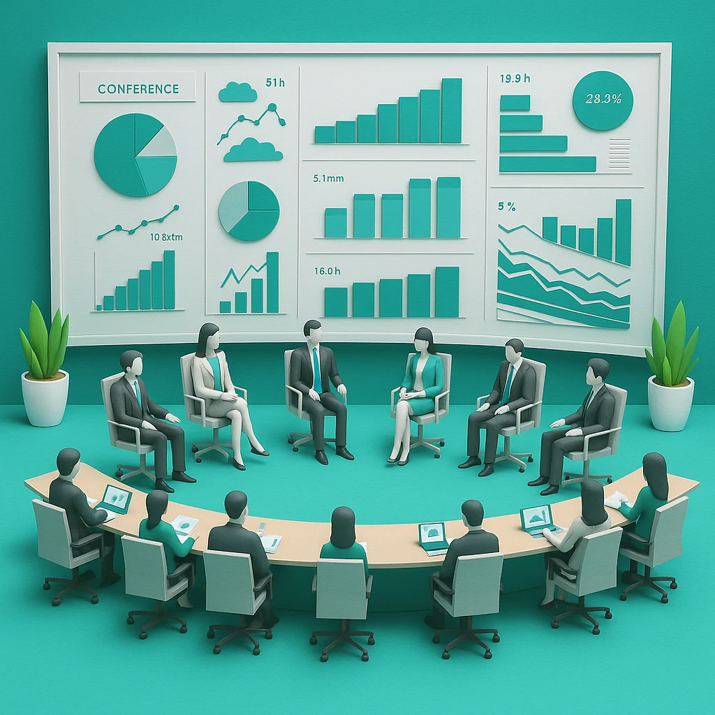 Professionals gathered at a conference, reviewing insights together